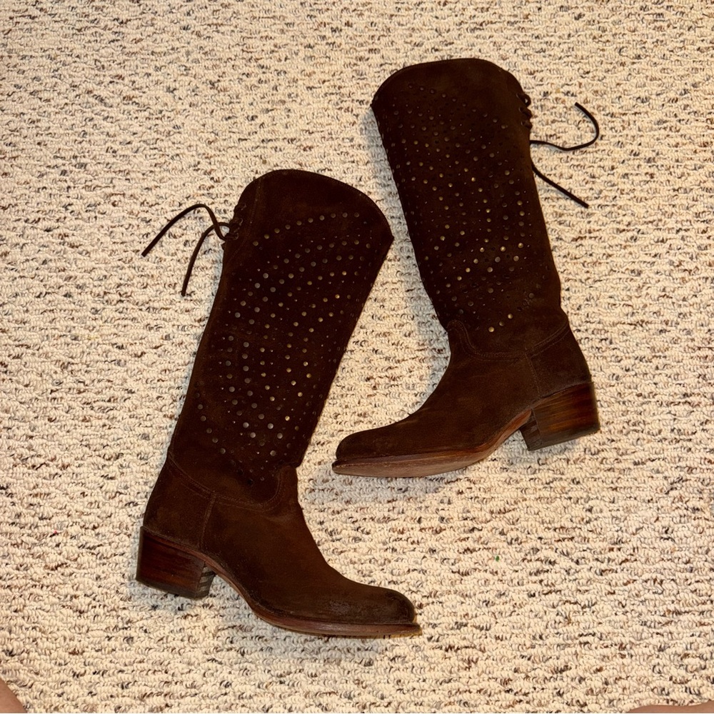 Frye Deborah knee high almond toe cowboy studded boots